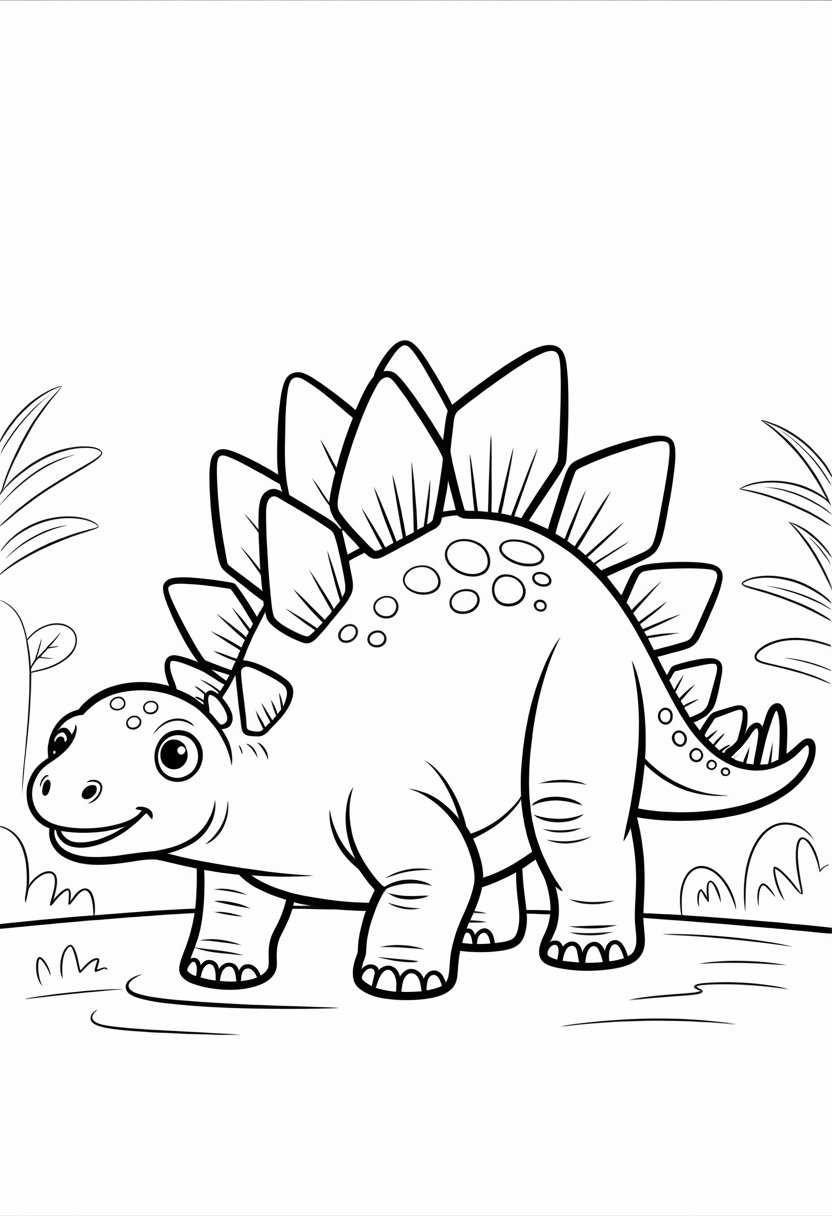 Cute Dinosaur Coloring Pages for Kids: 20 Fun and Easy Designs 26 A cute stegosaurus dinosaur with plates along its back standing and looking forward.